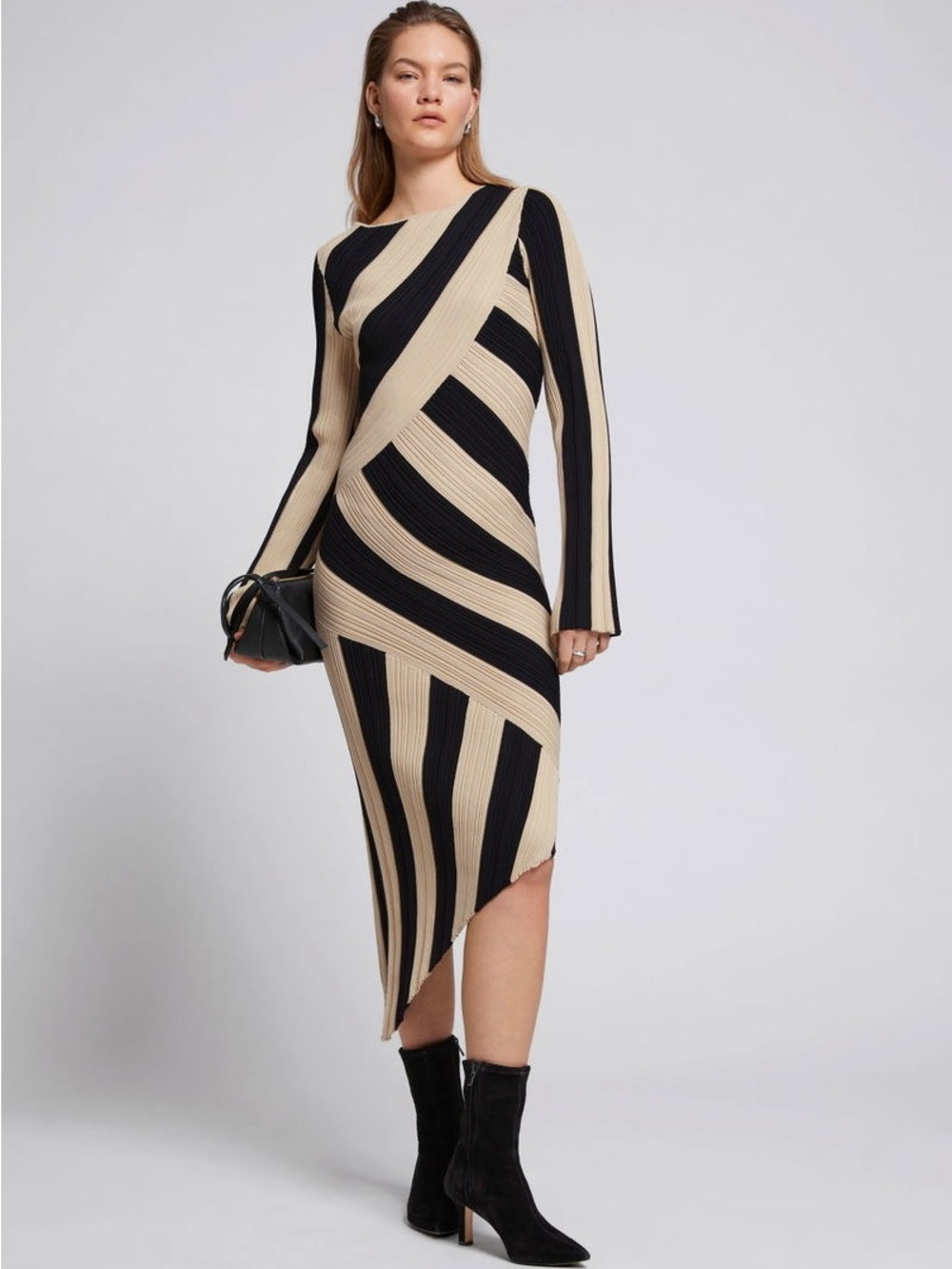 & Other Stories Beige and Black Asymmetrical Ribbed Stripe Midi Dress